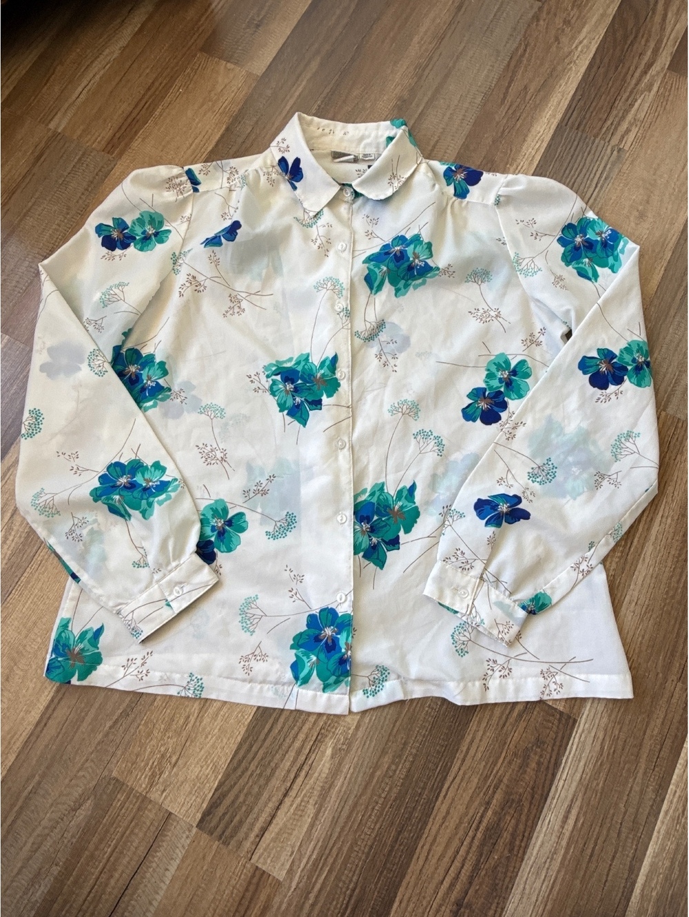 Vintage Pykettes Floral Blouse Grandma Core Retro Artsy Size M/L Blue & White